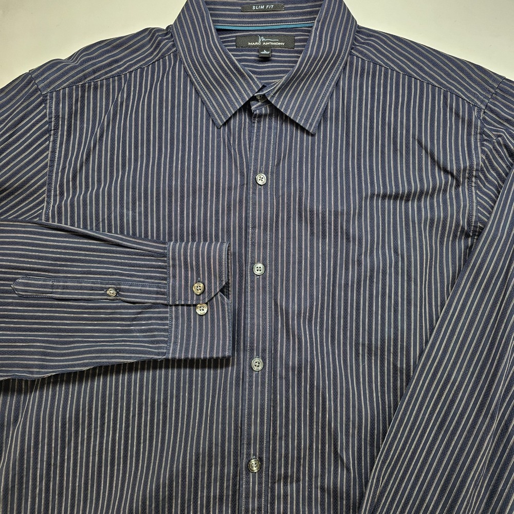 Marc Anthony Slim Fit Men's Dress Shirt L Blue White Vertical Stripe Long Sleeve